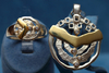925/-Silberset,Anhänger(ca.3cm)+Ring,mattiert/polliert,bicolor mit eingefassten synth.Zirkonias